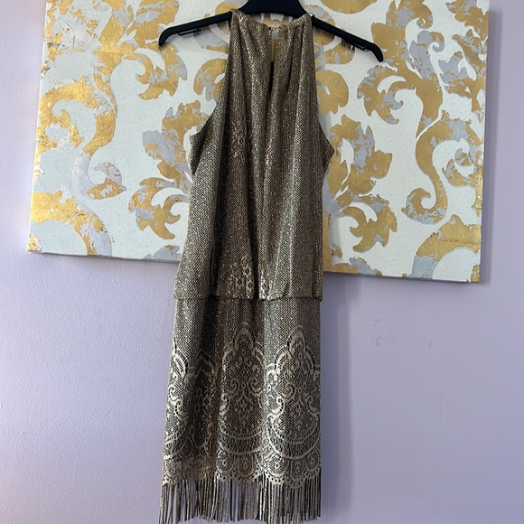 S.L. Fashions Size 12 Gold Chain Neck Blouson Fringe Dress EXCELLENT CONDITION - Picture 6 of 11